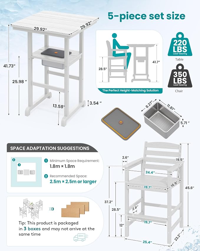 SERWALL Adirondack Bar Chairs and Table 5 Pieces Set, HDPE Bar Height Chairs Set of 2 and Bar Table with Ice Bucket, Outdoor Bar Stools Set for Balcony, Poolside, Backyard, White