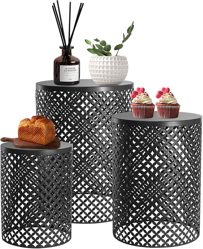 Set of 3 Outdoor Side Table, Garden Stool for Patio, Metal Accent Table Modern End Table, Patio Side Table for Garden, Balcony, Bedroom Indoor Outdoor Decorative, Jet Black