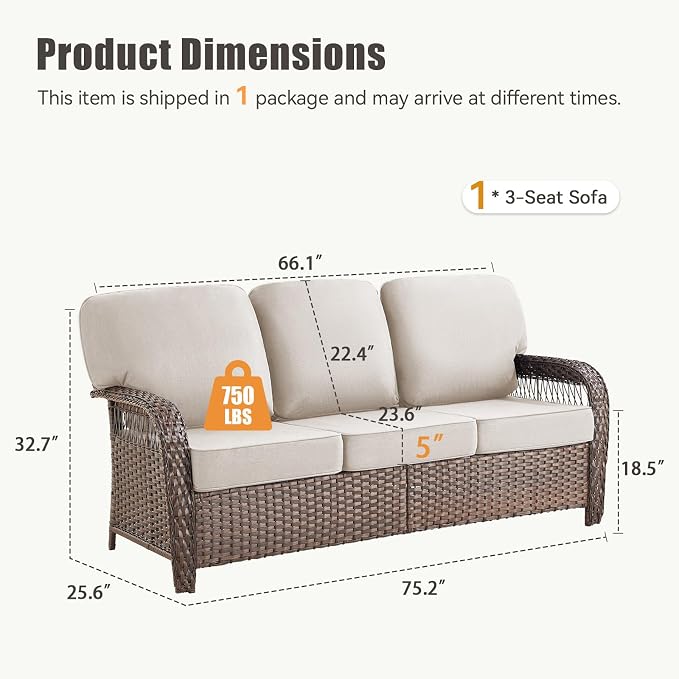 75'' Outdoor Patio Couch Wicker Sofa, All Weather Rattan 3 Seater Sofa High Back Couch with Deep Seating and Removable Cover, Outdoor Patio Furniture for Deck Porch Sunroom Backyard, Beige