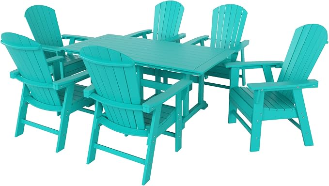 WestinTrends Dylan Adirondack Outdoor Dining Set for 6, All Weather Poly Lumber Patio Table and Chairs Set of 6, 71" Trestle Outdoor Table and Seashell Adirondack Dining Chair, Turquoise