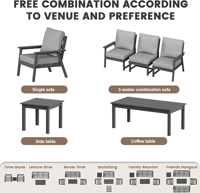 LOUNZY HDPE Patio Furinture Set, 6 Piece Sectional Sofa Outdoor Furniture Set, All Weather Outdoor Couch Set Patio Conversation Set for Deck, Lawn, Grey