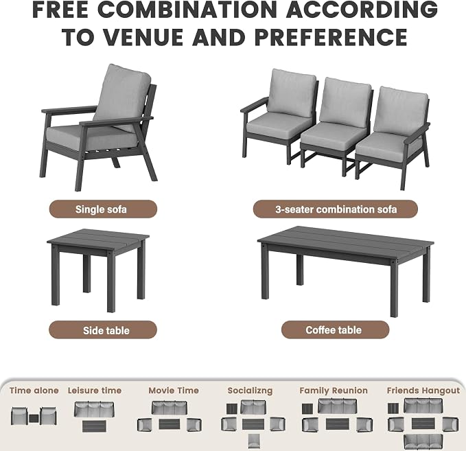 LOUNZY HDPE Outdoor Furinture Set, 7 Piece Sectional Sofa Patio Furniture Set, All Weather Outdoor Couch Set Patio Furniture Set for Deck, Lawn, Grey