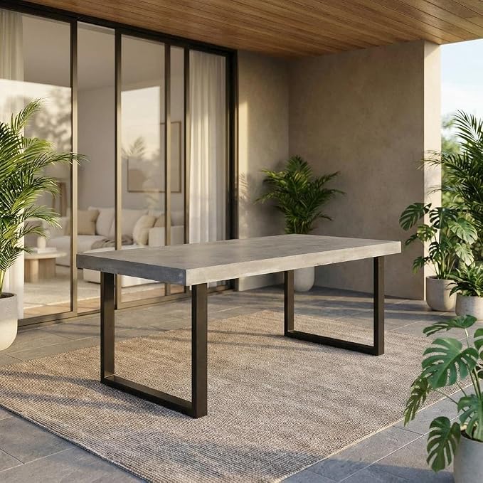 Outdoor EscapeGray Cement Top Outdoor Dining Table for Six, Concrete Surface, Modern Design, Weather-Resistant, Garden and Backyard Use