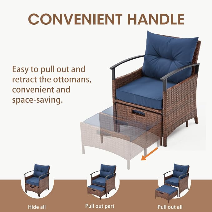 ECOTOUGE 5 Pieces Patio Furniture Set, Outdoor Wicker Chairs with Pull Out Ottoman & Metal Coffee Table, Rattan Conversation Set for Garden, Deck, Balcony, Poolside(Blue)