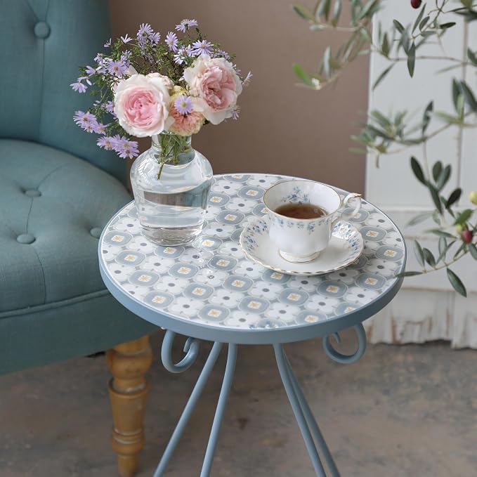 Vintage Outdoor Side Table Round Mosaic Ceramic Tile Top 14" Diameter Metal Plant Stand for Flower Pots Vase Garden Home Porch Pool Indoor Decor Weather Resistant Outside Patio Accent End Furniture