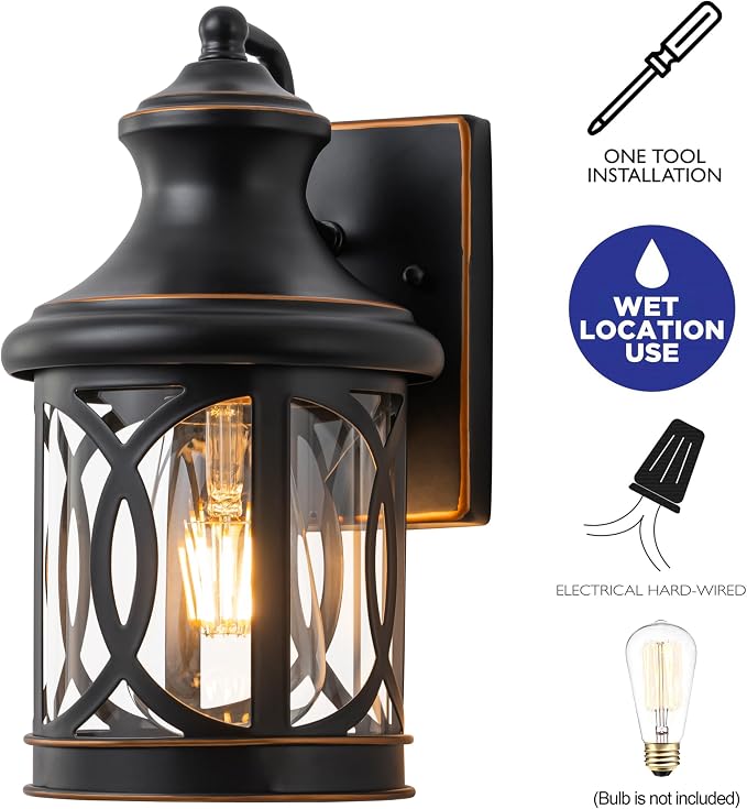 2-Pack Outdoor Wall Lights, Porch Lights, Waterproof Outdoor Wall Sconce, Exterior Light Fixture Oil-Rubbed Bronze Finish with Clear Glass Shade for Garage Patio Front Door Balcony, 12in.