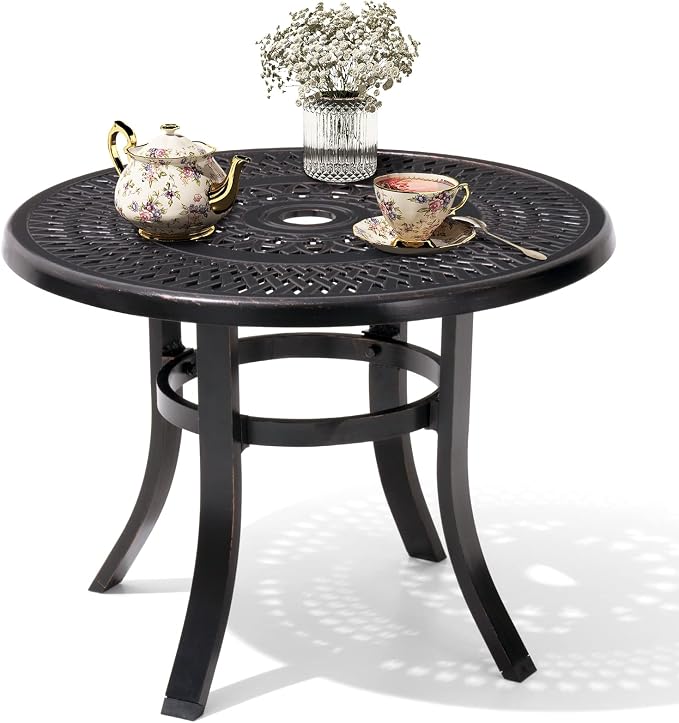 Crestlive Products Cast Aluminum Patio Side Table - Outdoor 24'' Small Round Table with Umbrella Hole Anti-Rust Design for Backyard Porch Pool Balcony, Black with Bronze Spot