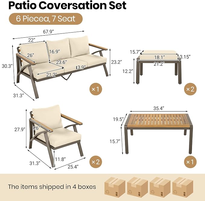 Outdoor Patio Furniture Set, 6-Piece Steel Frame Sofa Set with Acacia Wood Coffee Table, 3-Seat Couch, 2 Armchairs, 2 Ottomans, Cushioned Seating for Backyard, Garden, Poolside (Brown,Cream Beige/51)