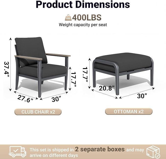 Aluminum Patio Chairs with Ottomans, 4-Piece Outdoor Patio Furniture Set, Modern Lounge Armchairs with Footrests, Wood-Like Armrests & 5.1" Thick Cushions for Porch, Poolside, Black