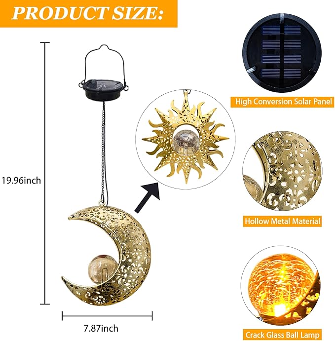 Solar Hanging Sun Moon Lights,Outdooor Lanterns Waterproof Garden Gifts | 2 Pack Metal,Crackle Glass,8-10 Runtime,Warm Glow,Easy Hang,Yard Patio Decor,Vintage Boho,Individual Wall Art,Gifts for Mom