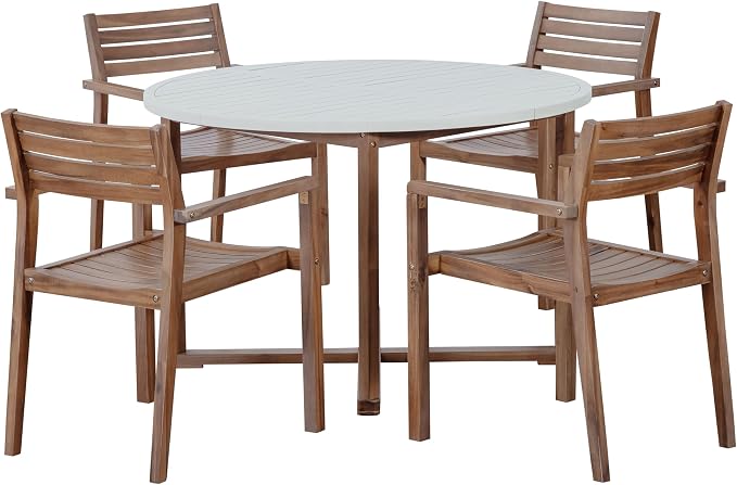5-Piece Outdoor Patio Dining Set, All-Weather Acacia Wood 47.2" Round Dining Table with 4 Armchairs and Slatted Design for Backyard, Balcony, Garden, Poolside (Light Brown-4.11)