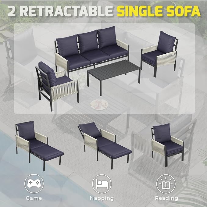 U-MAX Aluminum Patio Furniture Set 5 Seats Outdoor Sectional Couch with Coffee Central Table Patio Conversation Sets for Porch Deck (Dark Blue, with Retractable Single Sofa)