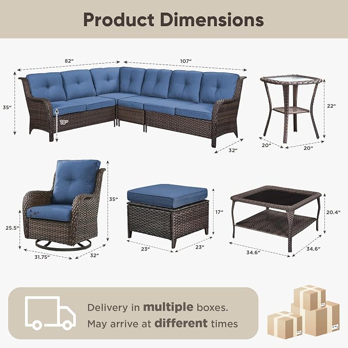 Belord 8 Piece Wicker Patio Furniture Set, Outdoor Swivel Rocker Chairs Set of 2 with Ottomans and Sectional Couch, All Weather Patio Conversation Furniture Set, for Pool,Yard Brown Wicker/Blue