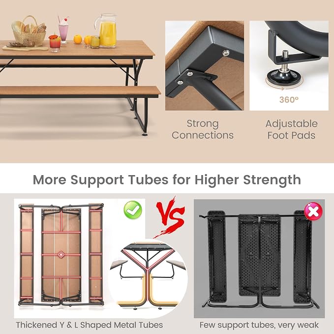 Giantex 6 FT Outdoor Picnic Table Bench Set for 6-8 People, 2400 LBS Capacity Patio Dining Table & 2 Benches with Metal Frame & HDPE, Balcony Conversation Set for Poolside Deck Garden (Brown)