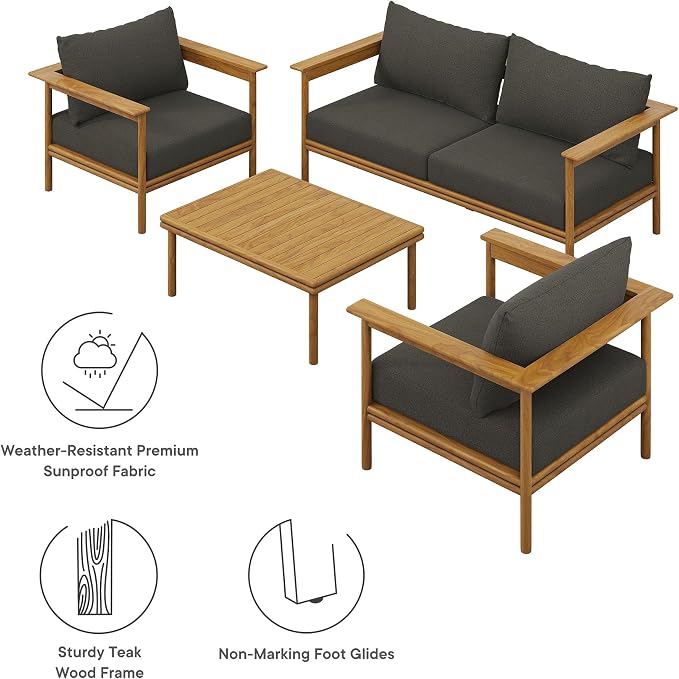 Modway Wren Teak Wood Outdoor Patio 4 Piece Furniture Set in Natural Flint Gray