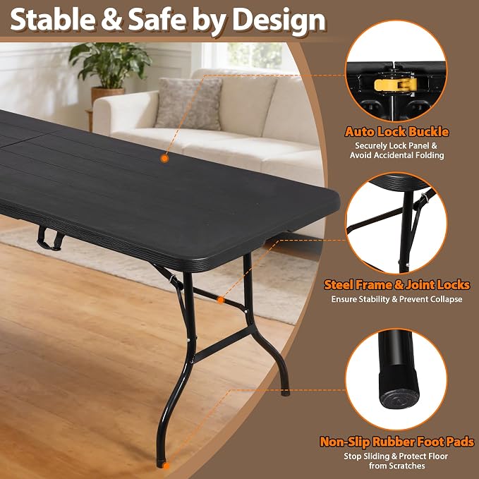 ZENY 8 Feet Plastic Folding Camping Table, Portable Indoor Outdoor Party Picnic Dining Table for Garden Soccer Party Wedding Multipurpose Entertaining Activities (Black)