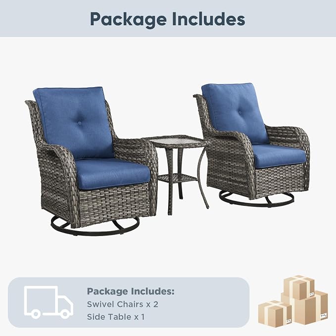 Belord Patio Wicker Chairs Swivel Rocker,Outdoor Patio Furniture Set with Rattan Side Table, All Weather Conversation Set for Porch Poolside Balcony, Gray Wicker/Blue