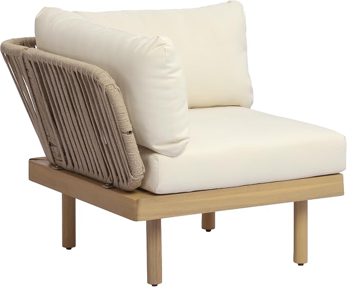 Christopher Knight Home John 4 Piece Patio Furniture Set with Slatted Coffee Table, Outdoor Sofa Set with Rope Back & Cushions, Modern Acacia Wood Sectional Conversation Set, Beige+Cream+Light Teak