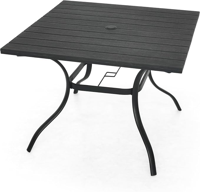 Anmutig Outdoor Dining Table with 1.6" Umbrella Hole, 37" Square Plastic Patio Table with Metal Steel Frame for Picnic, Garden, Poolside, Backyard, Black