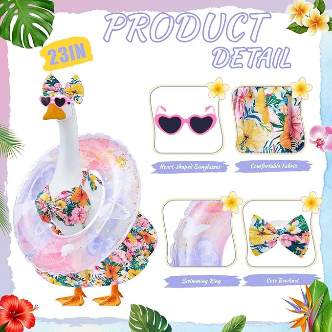 Bikini Porch Goose Outfits Fits 23" Goose Statue Summer Porch Goose Outfit with Sunglasses and Swim Ring Hawaiian Porch Goose Clothes Costume for Outdoor Garden Lawn Yard Decor(Colorful Flower)