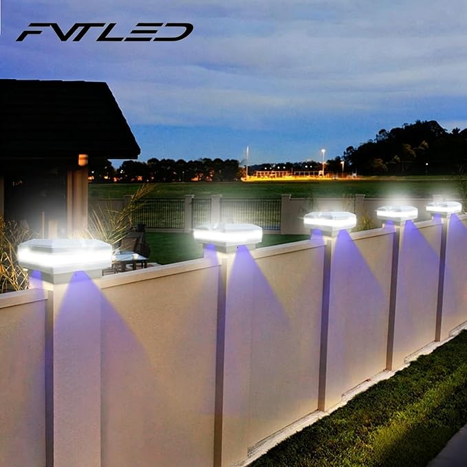 Solar Outdoor Post Cap Lights, 160LM 6000K Cool White, IP65, 4 Pack White | 52 LEDs High Brightness, Waterproof Fence Post Lights Compatible with 4x4 5x5 Wooden Posts, for Fence Deck Patio Garden Yard