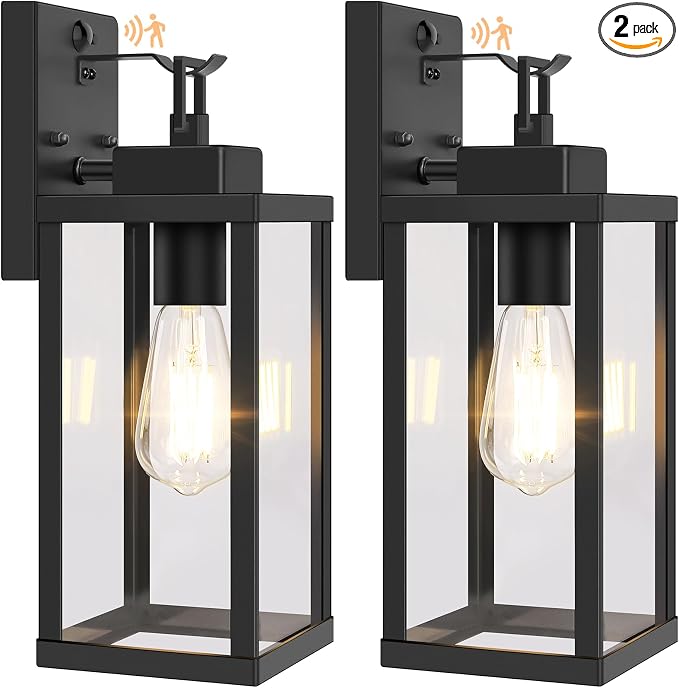BesLowe 2-Pack 14” Upgraded Motion Sensor Outdoor Wall Lights, Black | Auto ON/OFF, 3 Lighting Modes, Waterproof, Rust-Resistant, Durable Metal & Clear Glass, Standard E26 Sockets, Easy to Install