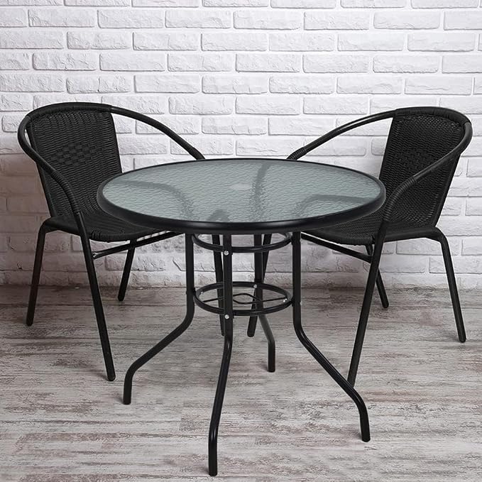 BLKMTY 32" Round Bistro Table Outdoor Furniture Garden Tables Patio Coffee with Tempered Glass Top Patio Glass Side Table for Backyard Lawn Balcony Pool, Black