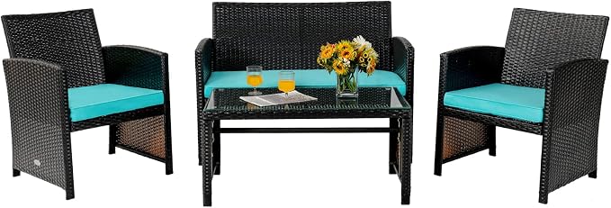 Tangkula 4 Pieces Rattan Furniture Set, Outdoor Conversation Set w/Chair & Loveseat & Tempered Glass Coffee Table, Suitable for Garden, Backyard, Poolside, Patio Furniture Set for 4 (1, Turquoise)