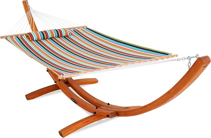 Lazy Daze Hammocks Sunbrella Fabric Hammock with 13FT Wood Arc Stand, 2 Person Outdoor Hammock Combo with Free Pillow, All Weather & Fade Resistant, for Patio Yard, 450 lbs Capacity, Carousel Confetti