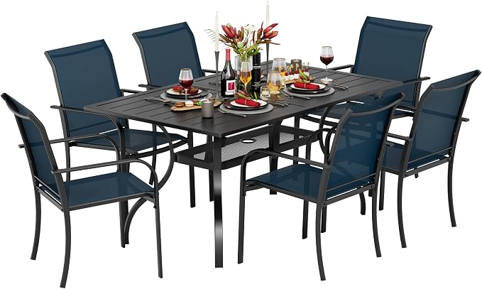 Incbruce 7 Pieces Patio Dining Set, Outdoor Dining Set of 6 Textilene Chairs and Rectangle Table with Umbrella Hole for Backyard, Garden, and Poolside (Blue)