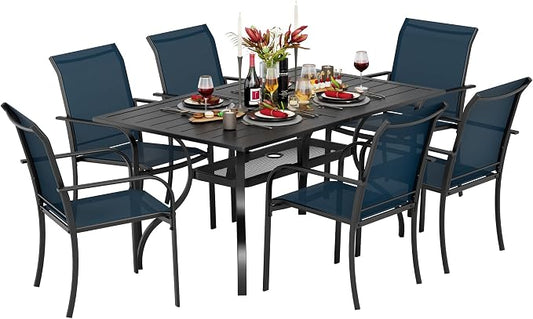 Incbruce 7 Pieces Patio Dining Set, Outdoor Dining Set of 6 Textilene Chairs and Rectangle Table with Umbrella Hole for Backyard, Garden, and Poolside (Blue)