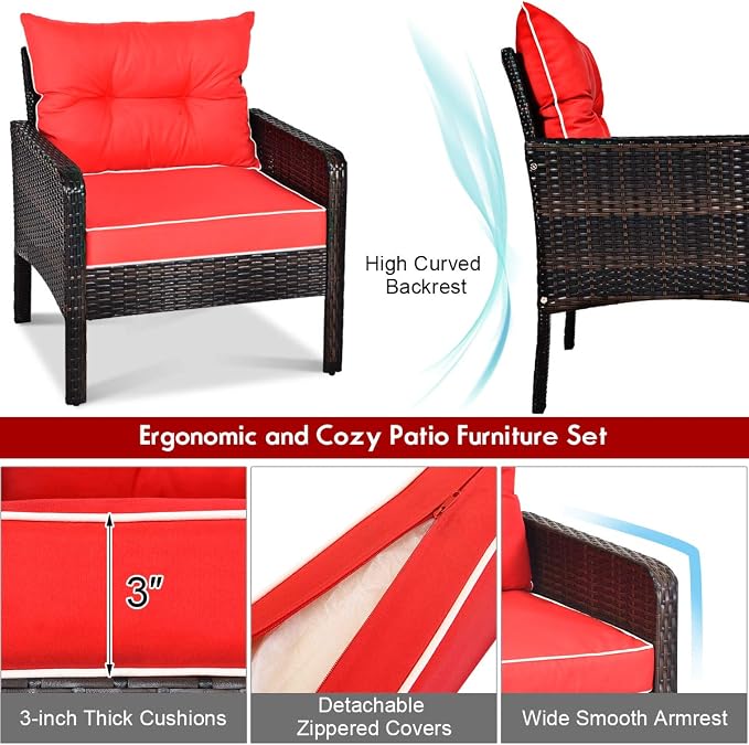 COSTWAY 5 PCS Patio Rattan Furniture Set, Outdoor Cushioned Sofa with Ottomans and Coffee Table, Wicker Conversation Set for Backyard Porch Lawn Poolsid, Red