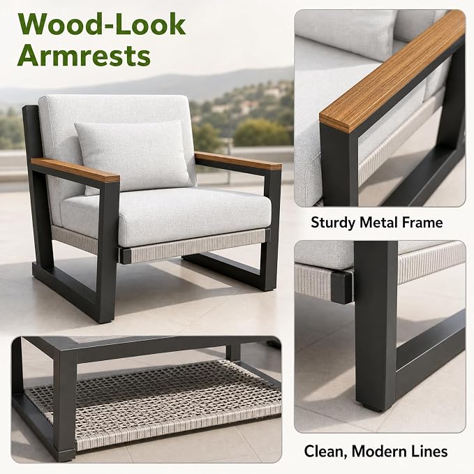 Aluminum Patio Furniture Set 5 Seats, Oversized Outdoor Sectional with Washable Thick Cushions, Coffee Table and Waterproof Cover, Patio Conversation Sets for Porch, Balcony, Deck Grey