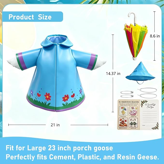 3 Pcs/Set Floral Raincoat Porch Goose Outfits: Blue Lawn Goose Statue Rain Coat Costume with Umbrella Hat - Summer Yard Goose Clothes for 23 Inch Goose Statue - Patio Garden Porch Lawn Outdoor Decor