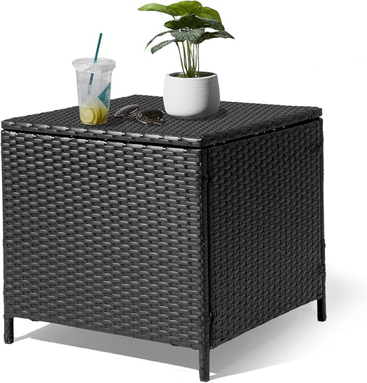 VINGLI Outdoor Side Table with Storage, 27-Gallon Patio Deck Box Outdoor Wicker Side Table for Poolside Balcony Storage Table (Black, Square)
