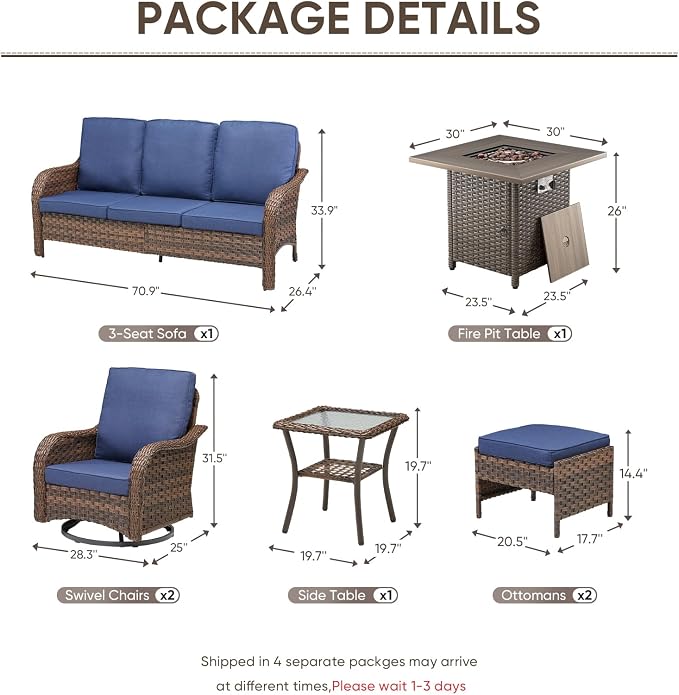 Patio Furniture Set - 7 Pieces All Weather Wicker Outdoor Furniture with 2 Swivel Chairs, 2 Ottomans, 1 Sofa, Side Table and Fire Pit Table, Ergonomic Design for Porch, Deck, and Backyard(Blue)
