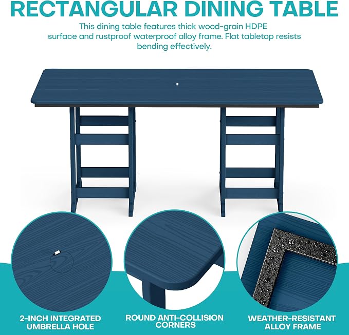 7-Piece Dining Set, HDPE Table & 6 Chairs, Navy Blue | HDPE Dining Set: 69.1" Table + 6 Chairs, 380 lbs, 304 Stainless, All-Weather, No Rust No Crack, Outdoor Patio Garden