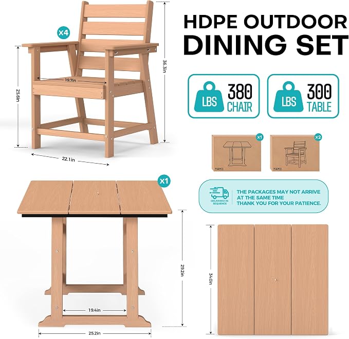 5 Piece Patio Dining Set, HDPE All-Weather Furniture with 4 Chairs & 1 Square Table, for Backyard, Garden, Cedar