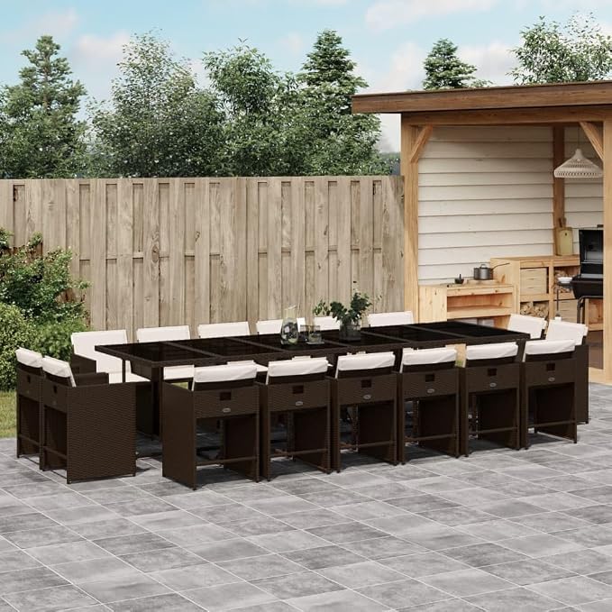 17 Piece Patio Dining Set with Cushions, Brown Poly Rattan Garden Table and 16 Chairs, Space-Saving Cube Outdoor Furniture