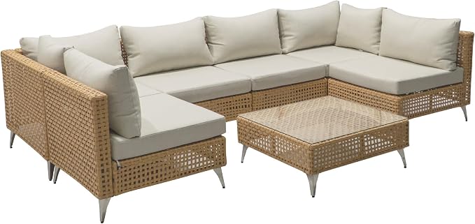 YOPTO 7-Piece Outdoor Conversation Sectional Sofa Set with Water Resistant Thick Cushions & Coffee Table,Wicker Patio Furniture Set W/Removable Cushions Cover,DIY Combination,for Porch,Backyard,Beige