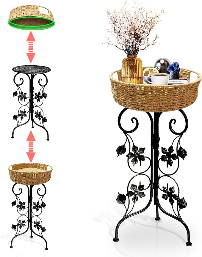 Outdoor Metal Patio Folding Side Table with Removable Wicker Tray, Boho Woven Rattan Plant Stand, Small Round Coffee end Table (Seagrass, Black)