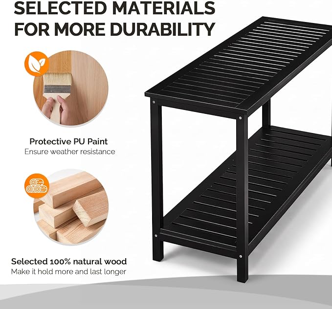 VINGLI 49in 49.21" Solid Wood Outdoor Console Table, 2-Tier Patio Buffet Bar Table, Multi-Functional Storage Sideboard for Garden, Porch, Balcony (Black)