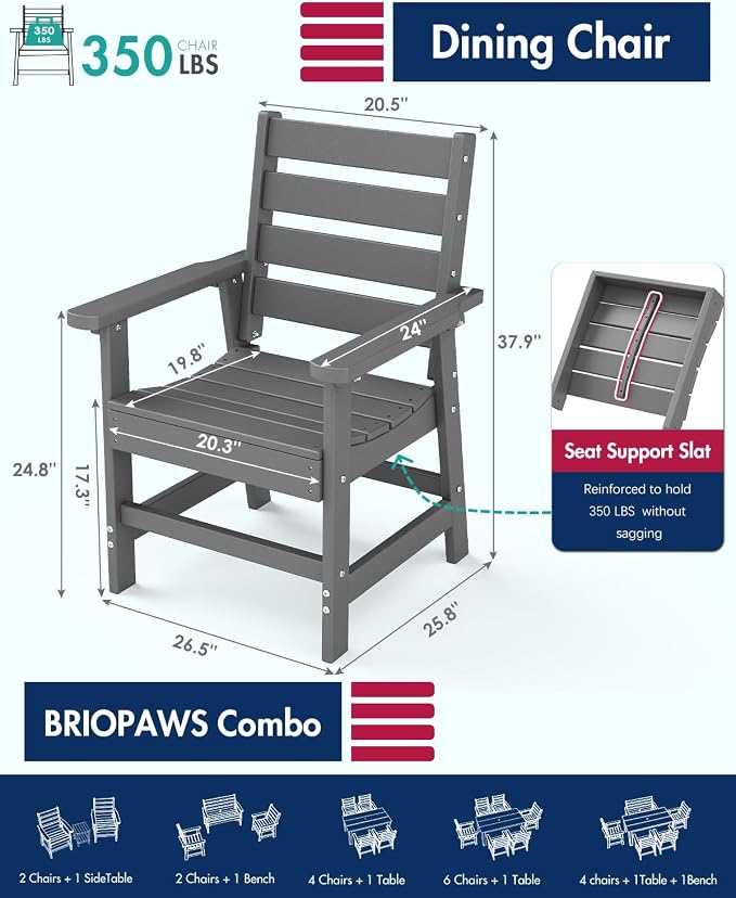 BRIOPAWS Outdoor-Dining-Chairs | Set of 2 | HDPE | Grey | Patio Chair with Arms | Modern | All Weather | Oversized & Comfortable | for Deck Backyard Poolside Porch
