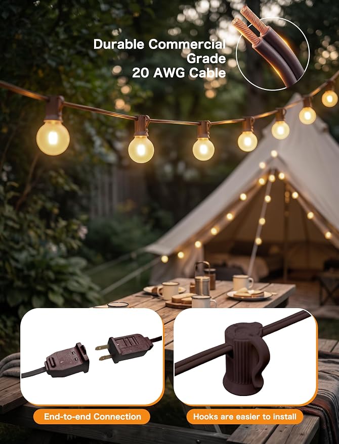 SUNSGNE 50FT Brown Outdoor Edison String Lights, Waterproof Shatterproof LED Globe String Lights with 50 G40 LED Frosted White Bulbs for Backyard Patio Porch Balcony Party Decor, E12 Base