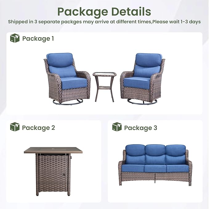 Luxury Patio Furniture Set with 6-inch Thick Cushion, Outdoor Furniture with Fire Pit Table, Swivel Chairs, Side Table, Sofa, 5pcs Wicker Conversation Set for Deck Yard (Brown Wicker | Blue Cushion)
