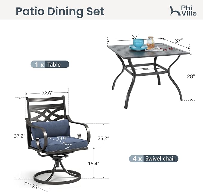 PHI VILLA Patio Dining Set, Swivel Chairs, 37" Square Metal Table | Metal chairs, Blue, Umbrella Hole, Cushions, E-coated
