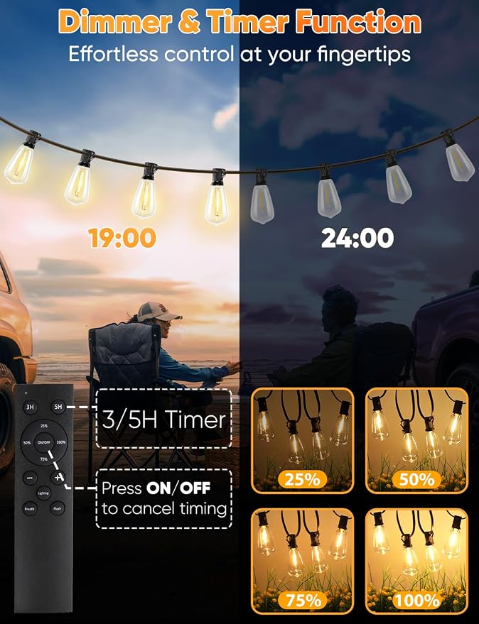 180FT LED Outdoor String Lights, Dimmable Patio Lights with Remote Control, 56 Shatterproof ST38 Edison Bulbs, 3 Lighting Modes, 3H/5H Timer, Outdoor Hanging Light for Pool，Fence, Garden