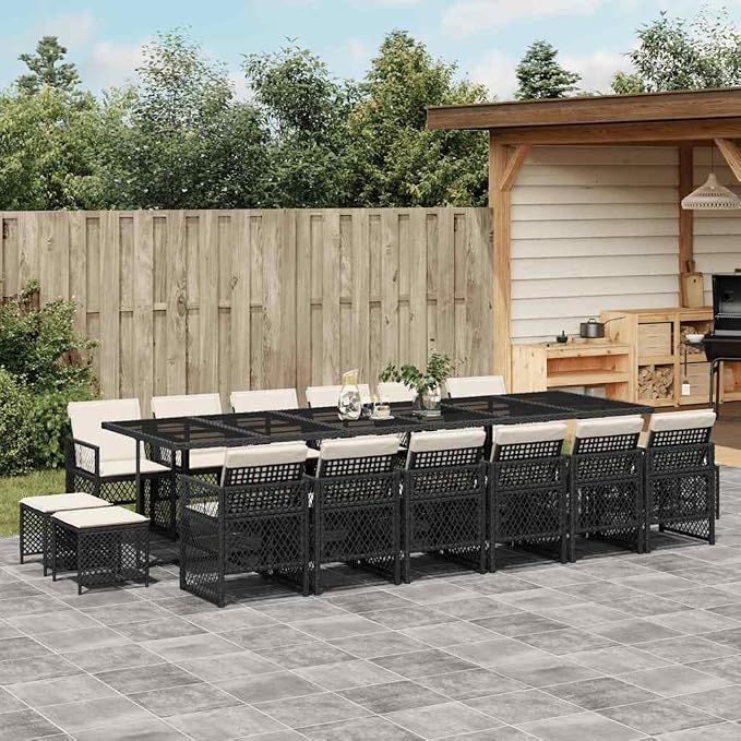 17-Piece Garden Dining Set with Cushions, Large Rectangular PE Rattan Outdoor Patio Table with 12 Folding Chairs and 4 Stools for Backyard, Deck and Terrace, Black and Cream