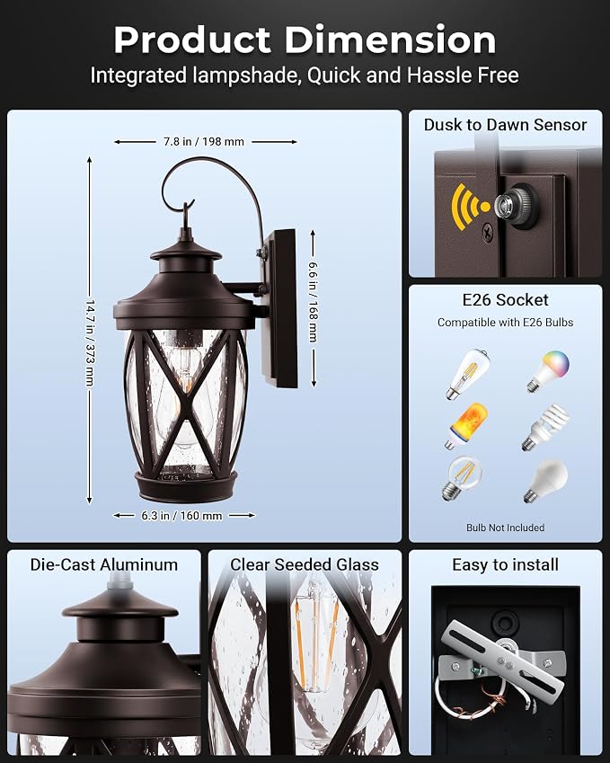 VIANIS 2-Pack Dusk to Dawn Outdoor Wall Light, Oil Rubbed Bronze Porch Light Fixture, Anti-Rust Exterior Wall Lantern, Modern Coach Lights for Garage, Outdoor Carriage Lights Wall Mount, E26 Hardwired