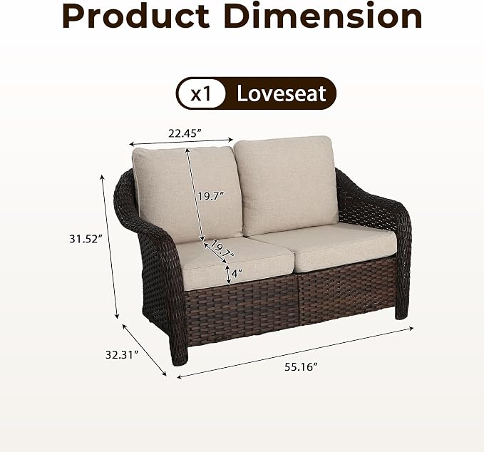 55 inch Outdoor Wicker 2 Seater Sofa, All-Weather Use Patio Rattan Loveseat with Seat and Back Cushion, Ideal for Porch, Backyard, Balcony, Poolside, Beige